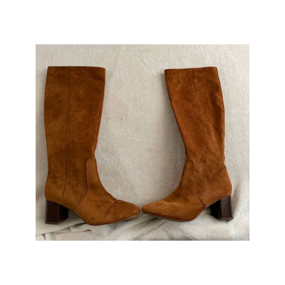 Vtg J. Crew Womens 7.5 Brown Boots Knee High Block Heel Faux Suede BT279